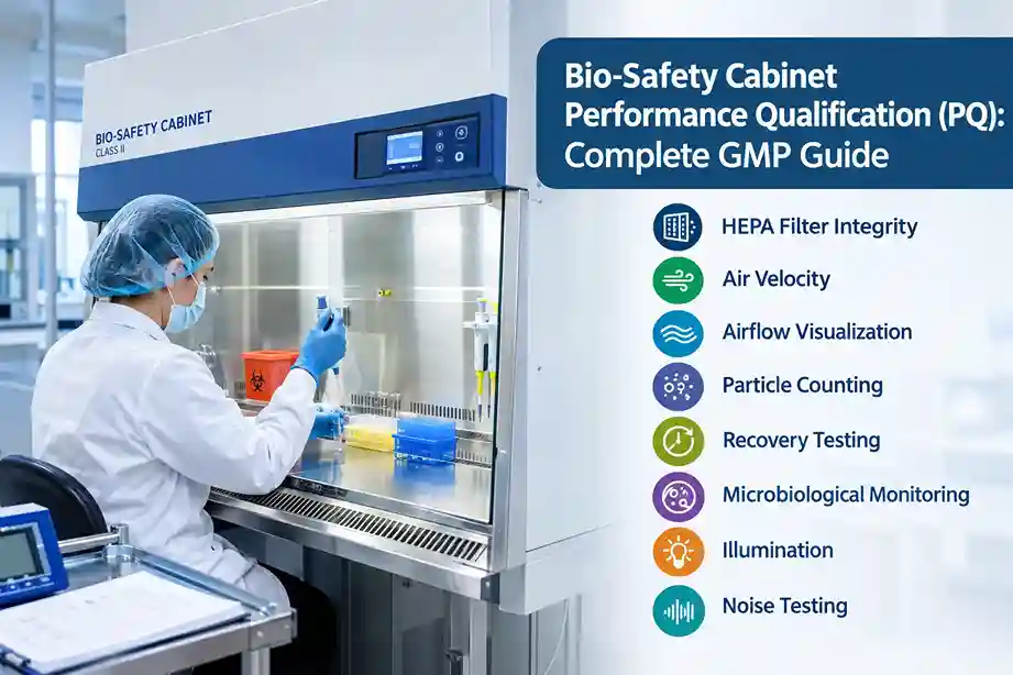 Bio-Safety Cabinet Performance Qualification in a pharmaceutical microbiology laboratory, including HEPA filter integrity, airflow, and performance testing.