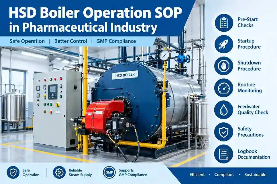 HSD boiler system with burner, control panel, pressure gauge, and steam piping for pharmaceutical industry operation.