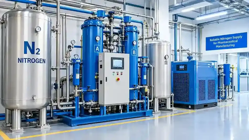 Nitrogen generation plant with PSA towers, nitrogen storage vessels, piping, and control panel in a pharmaceutical facility.
