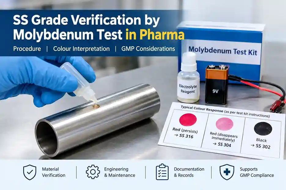 SS grade verification by molybdenum test using a reagent kit on a stainless steel tube in a pharmaceutical engineering setting.