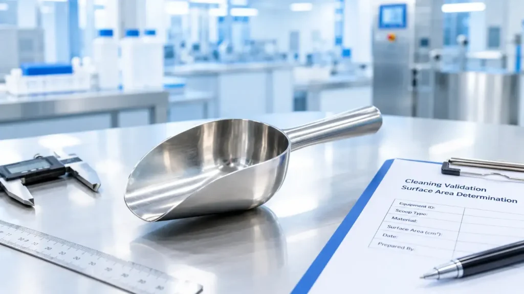 Stainless steel dispensing scoop with measuring instruments for surface area determination in pharmaceutical cleaning validation.