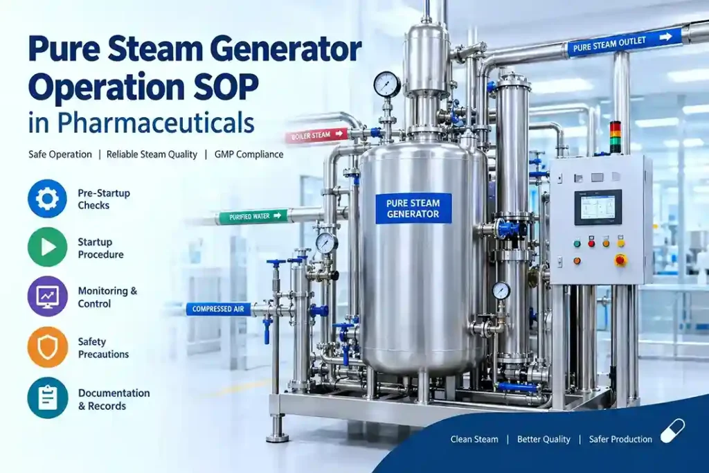 Pure Steam Generator operation SOP in pharmaceuticals with stainless steel generator, process piping, pressure gauges, and control panel.