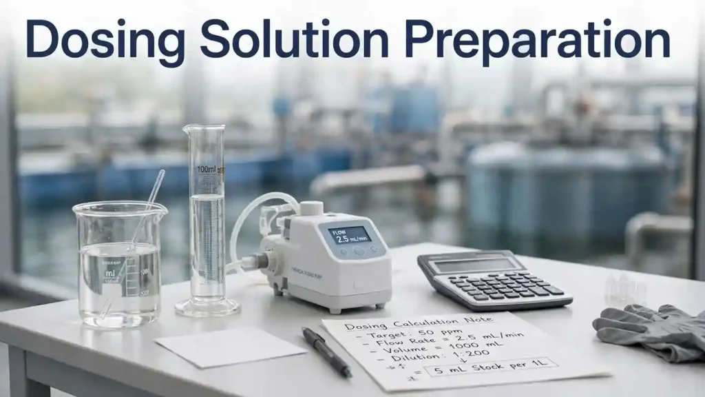 Simple dosing solution preparation setup with chemical dosing pump and calculation in water treatment system